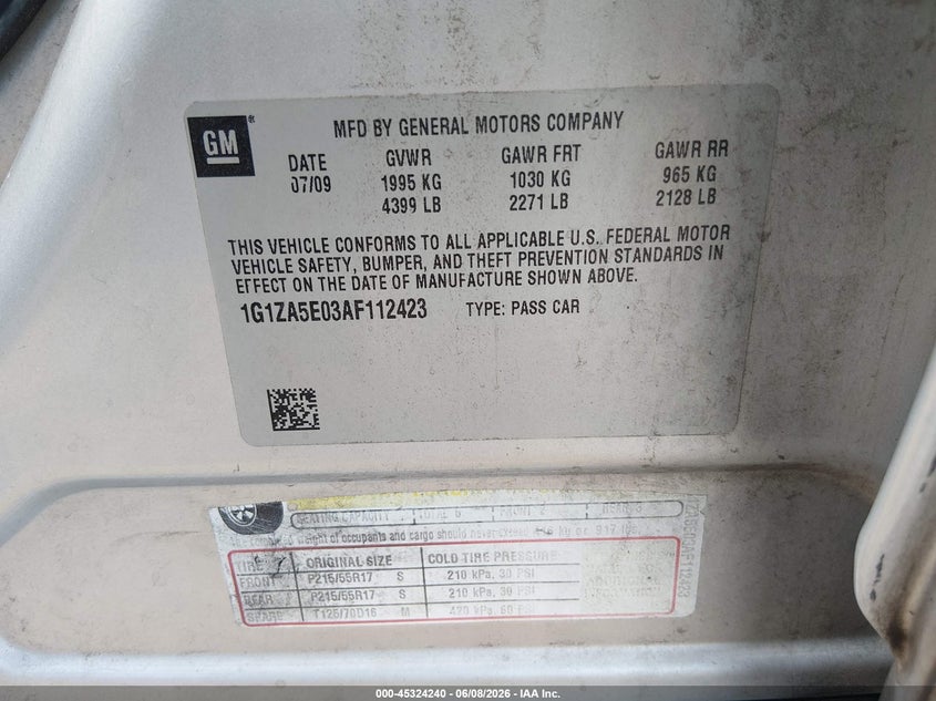 2010 Chevrolet Malibu VIN 1G1ZA5E03AF112423 IAAI salvage auction — FRONT END, Salvage (Arizona), sold $1,000 on 2026-07-09 (photo 9)