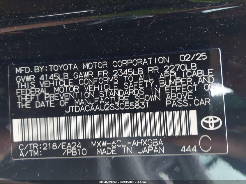 2025 Toyota Prius VIN JTDACAAU2S3055831 IAAI salvage auction — FRONT END, Salvage (Georgia), sold $5,100 on 2026-07-29 (photo 9)
