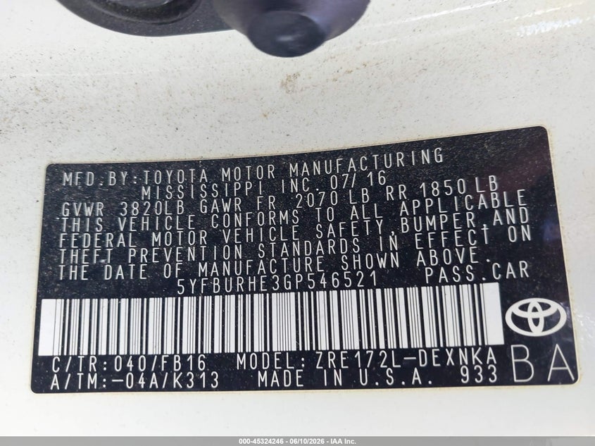 2016 Toyota Corolla VIN 5YFBURHE3GP546521 IAAI salvage auction — FRONT END, Original (Texas), sold $2,900 on 2026-07-16 (photo 9)