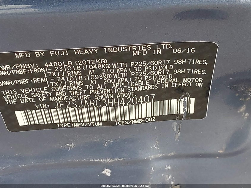 2017 Subaru Forester VIN JF2SJARC3HH420407 IAAI salvage auction — LEFT SIDE, Bill Of Sale (Washington), sold $3,700 on 2026-07-22 (photo 9)