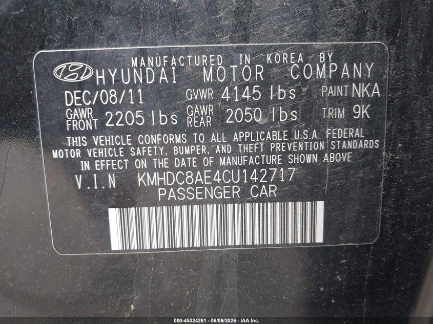 2012 Hyundai Elantra VIN KMHDC8AE4CU142717 IAAI salvage auction — NORMAL WEAR, Clear (Pennsylvania), sold $400 on 2026-07-08 (photo 9)