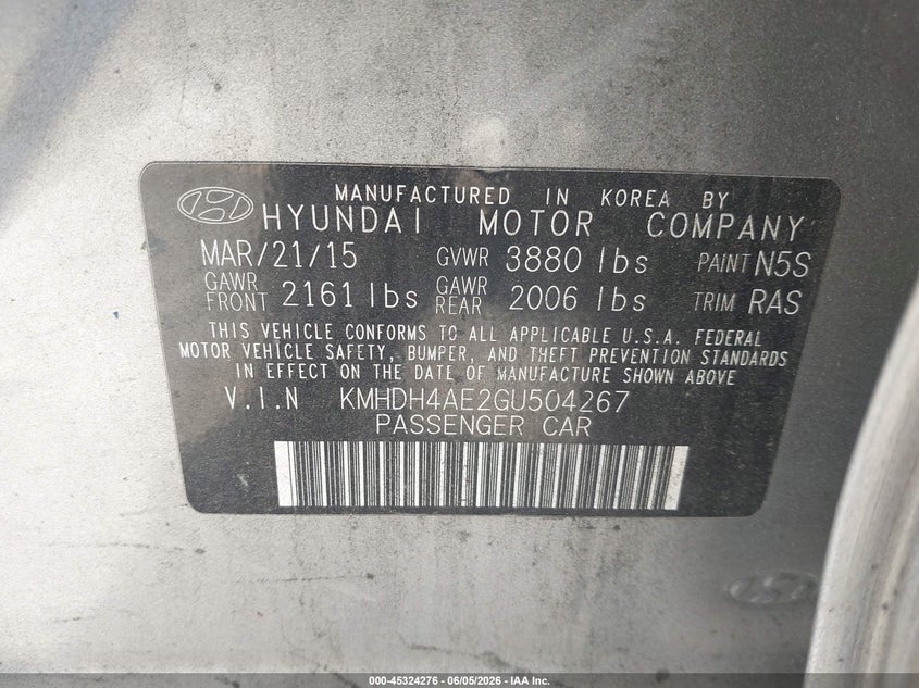 2016 Hyundai Elantra VIN KMHDH4AE2GU504267 IAAI salvage auction — NORMAL WEAR, Salvage Title, sold $900 on 2026-07-22 (photo 9)
