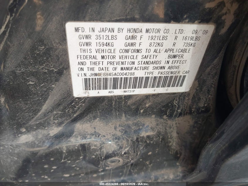 2010 Honda Fit VIN JHMGE8H45AC004288 IAAI salvage auction — FRONT END, Clear (Arizona), sold $925 on 2026-07-16 (photo 9)