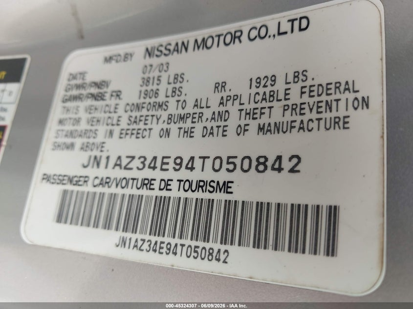2004 Nissan 350z VIN JN1AZ34E94T050842 IAAI salvage auction — NORMAL WEAR, Clear (Virginia), sold $1,550 on 2026-07-21 (photo 9)