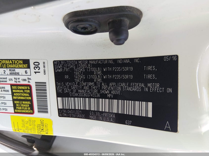 2016 Toyota Sienna VIN 5TDXK3DC8GS745536 IAAI salvage auction — REAR END, Salvage Certificate (California), sold $1,400 on 2026-07-10 (photo 9)