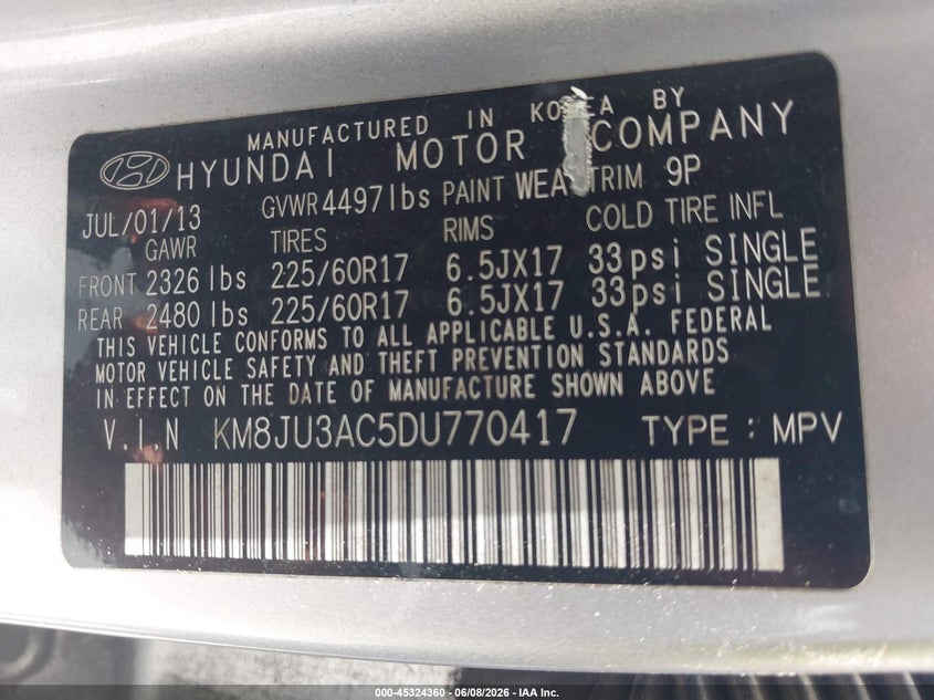 2013 Hyundai Tucson VIN KM8JU3AC5DU770417 IAAI salvage auction — FRONT END, Rebuildable (Florida), sold $325 on 2026-07-29 (photo 9)