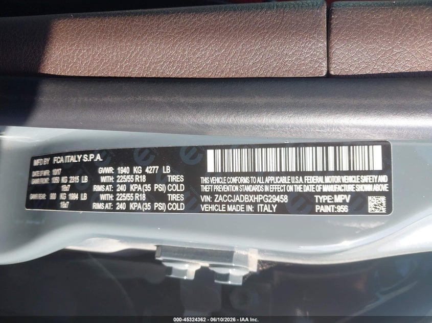 2017 Jeep Renegade VIN ZACCJADBXHPG29458 IAAI salvage auction — FRONT END, Salvage (Illinois), sold $1,300 on 2026-08-11 (photo 9)