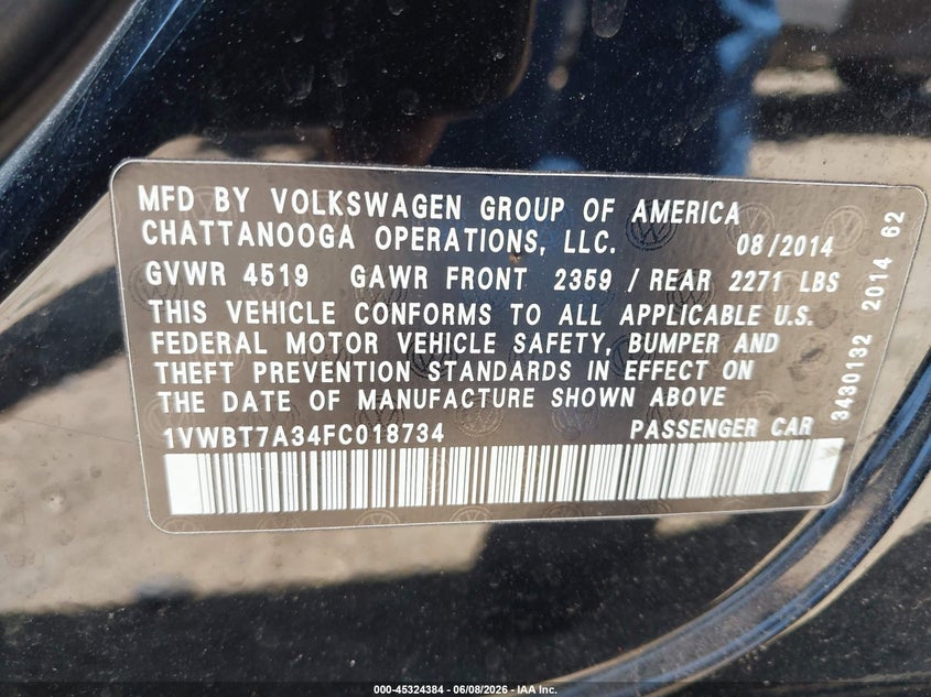 2015 Volkswagen Passat VIN 1VWBT7A34FC018734 IAAI salvage auction — FRONT END, Salvage (Massachusetts), sold $1,000 on 2026-08-01 (photo 9)