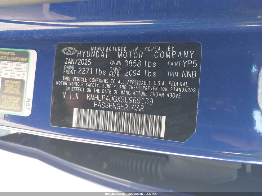 2025 Hyundai Elantra VIN KMHLP4DGXSU969139 IAAI salvage auction — FRONT END, Salvage (Massachusetts), sold $8,100 on 2026-08-21 (photo 9)
