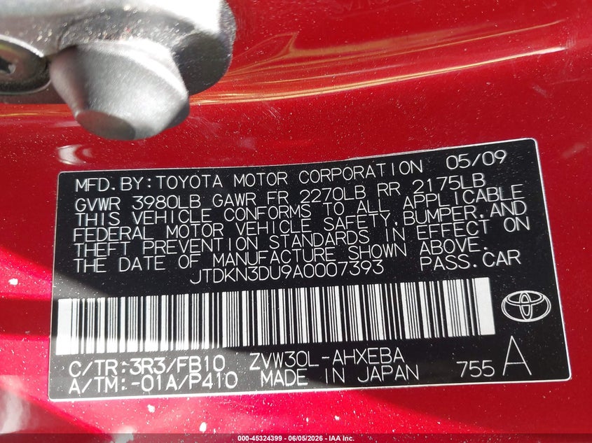 2010 Toyota Prius VIN JTDKN3DU9A0007393 IAAI salvage auction — NORMAL WEAR, Clear - Dealer Only (California), sold $875 on 2026-07-20 (photo 9)