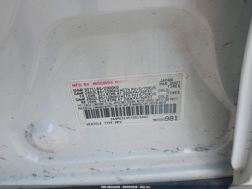 2007 Mitsubishi Outlander VIN JA4MS31X57Z015442 IAAI salvage auction — REAR END, Salvage (Texas), sold $25 on 2026-07-28 (photo 9)