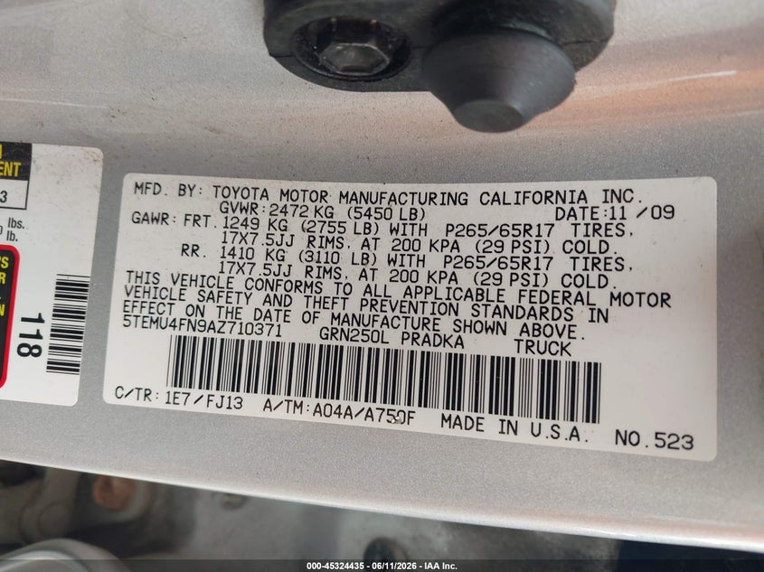 2010 Toyota Tacoma VIN 5TEMU4FN9AZ710371 IAAI salvage auction — FRONT END, Clear (New York), sold $1,900 on 2026-07-23 (photo 9)