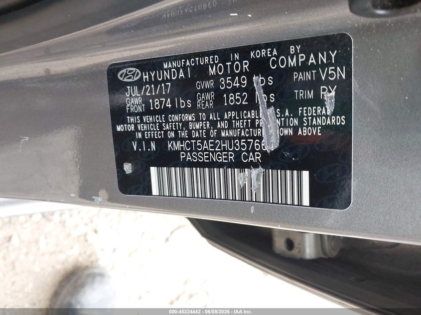 2017 Hyundai Accent VIN KMHCT5AE2HU357661 IAAI salvage auction — NORMAL WEAR, Salvage Title, sold $50 on 2026-07-21 (photo 9)