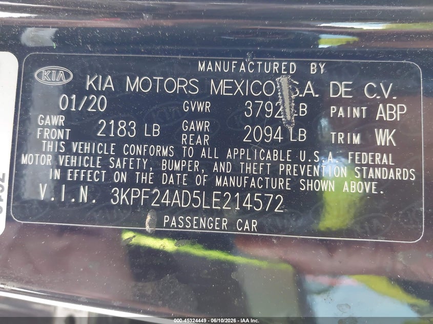 2020 Kia Forte VIN 3KPF24AD5LE214572 IAAI salvage auction — FRONT END, Salvage (Illinois), sold $1,650 on 2026-07-31 (photo 9)