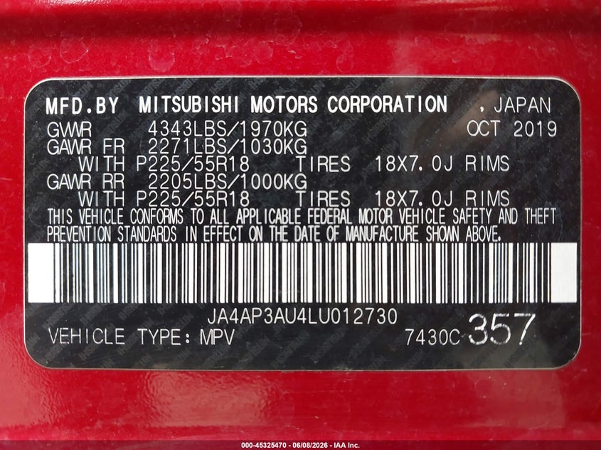 2020 Mitsubishi Outlander VIN JA4AP3AU4LU012730 IAAI salvage auction — FRONT END, Salvage (California), sold $3,500 on 2026-07-28 (photo 9)