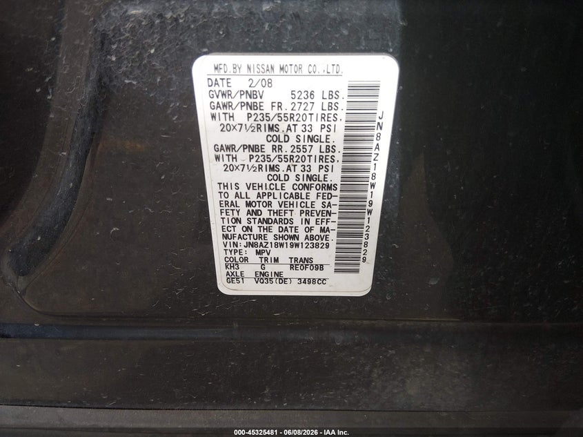 2009 Nissan Murano VIN JN8AZ18W19W123829 IAAI salvage auction — RIGHT FRONT, Salvage (Colorado), sold $100 on 2026-07-21 (photo 9)