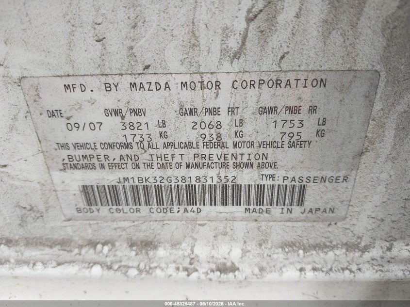 2008 Mazda 3 VIN JM1BK32G381831352 IAAI salvage auction — REAR END, Salvage (Ohio), sold $200 on 2026-07-06 (photo 9)
