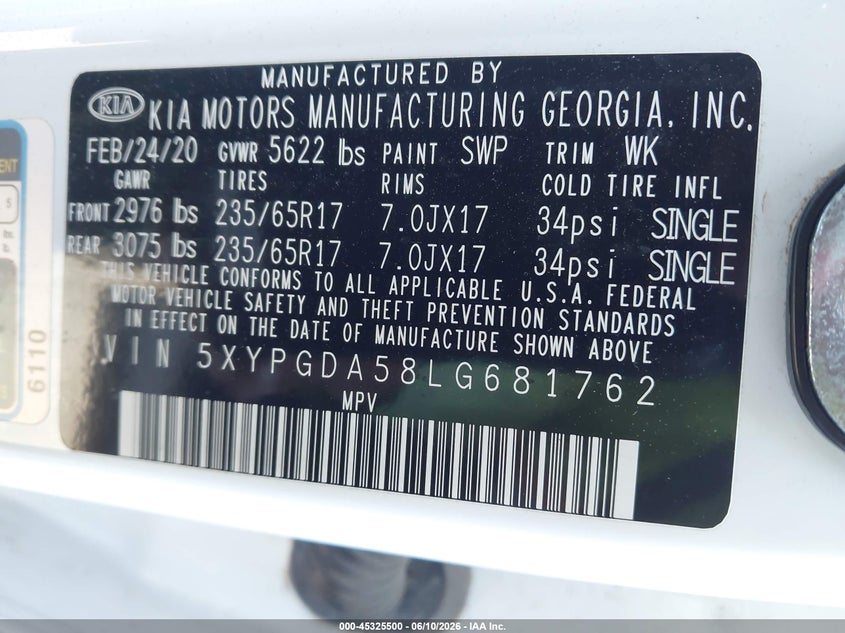 2020 Kia Sorento VIN 5XYPGDA58LG681762 IAAI salvage auction — THEFT, Salvage Title, sold $3,500 on 2026-07-24 (photo 9)