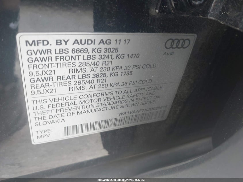 2018 Audi Q7 VIN WA1VAAF7XJD025618 IAAI salvage auction — REAR END, Salvage (South Carolina), sold $8,100 on 2026-07-27 (photo 9)