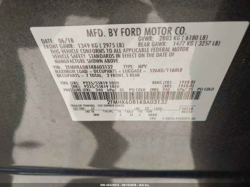 2019 Ford Flex VIN 2FMHK6D81KBA03132 IAAI salvage auction — LEFT FRONT, Salvage (North Carolina), sold $1,950 on 2026-07-09 (photo 9)