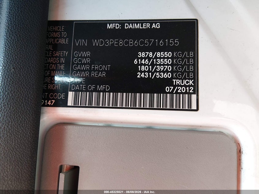 2012 Mercedes-benz Sprinter VIN WD3PE8CB6C5716155 IAAI salvage auction — NORMAL WEAR, Salvage Title, sold $700 on 2026-07-31 (photo 9)