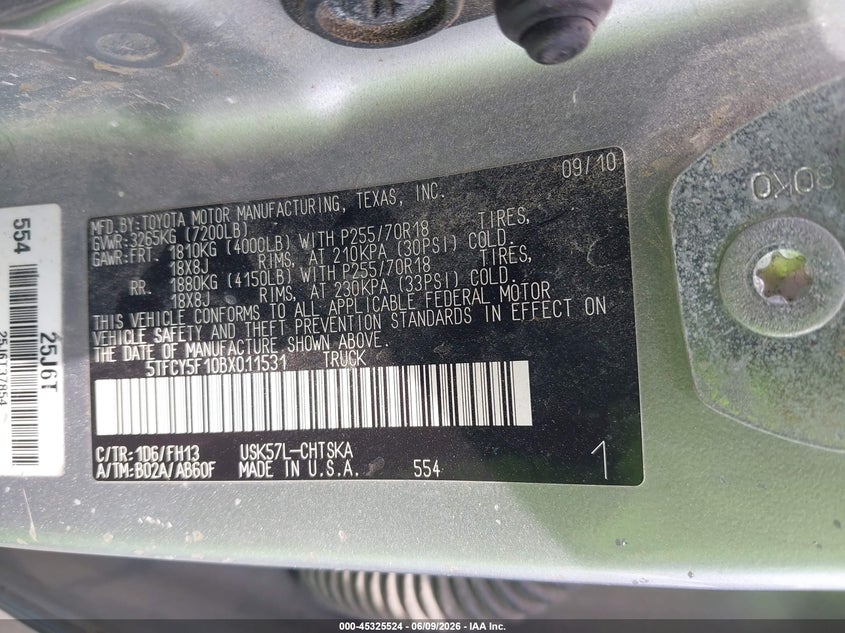 2011 Toyota Tundra VIN 5TFCY5F10BX011531 IAAI salvage auction — RIGHT FRONT, Salvage (North Carolina), sold $4,600 on 2026-07-08 (photo 9)