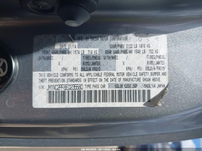 2014 Mazda Mx-5 VIN JM1NC2PF8E0235580 IAAI salvage auction — ENGINE DAMAGE, Salvage (Texas), sold $2,550 on 2026-07-20 (photo 9)