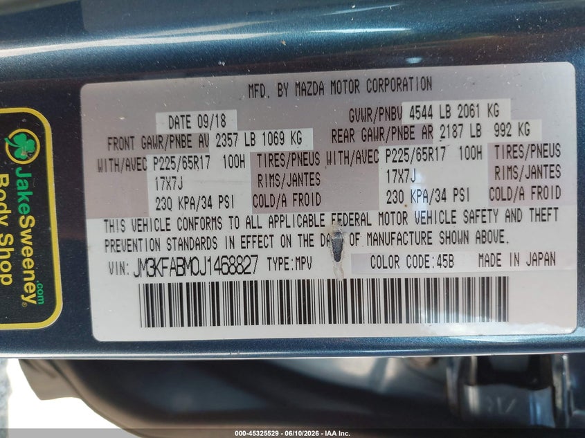 2018 Mazda Cx-5 VIN JM3KFABM0J1468827 IAAI salvage auction — FRONT END, Salvage Title, sold $1,200 on 2026-10-10 (photo 9)
