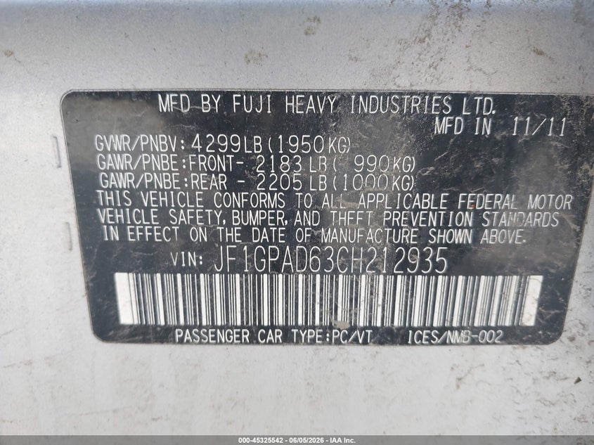 2012 Subaru Impreza VIN JF1GPAD63CH212935 IAAI salvage auction — NORMAL WEAR, Original (Maine), sold $400 on 2026-07-06 (photo 9)