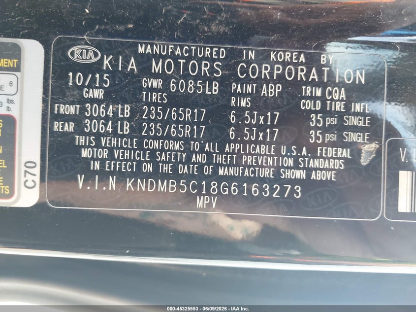 2016 Kia SEDONA VIN KNDMB5C18G6163273 IAAI salvage auction — LEFT FRONT, Clear (Indiana), sold $925 on 2026-07-16 (photo 9)