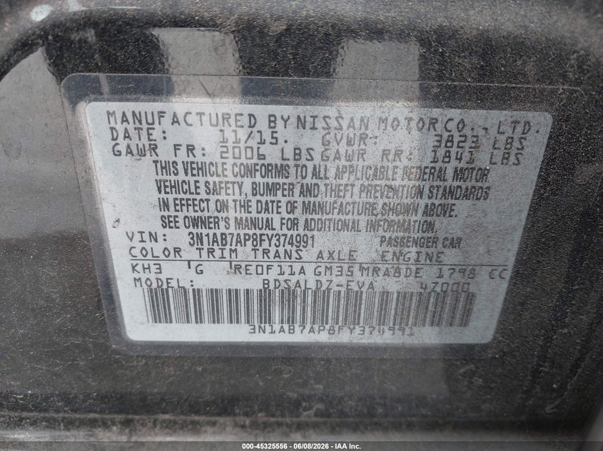2015 Nissan Sentra VIN 3N1AB7AP8FY374991 IAAI salvage auction — FRONT END, Salvage Title, sold $275 on 2026-07-18 (photo 9)