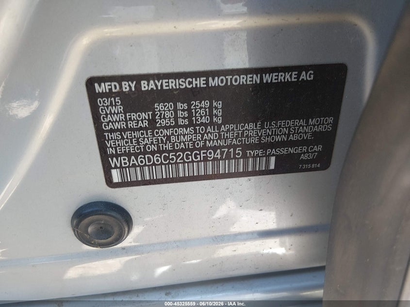 2016 BMW 6er VIN WBA6D6C52GGF94715 IAAI salvage auction — FRONT END, Salvage (Colorado), sold $1,125 on 2026-08-18 (photo 9)