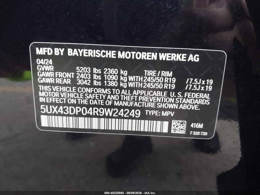 2024 BMW X3 VIN 5UX43DP04R9W24249 IAAI salvage auction — REAR END, Salvage Title, sold $20,100 on 2026-09-03 (photo 9)