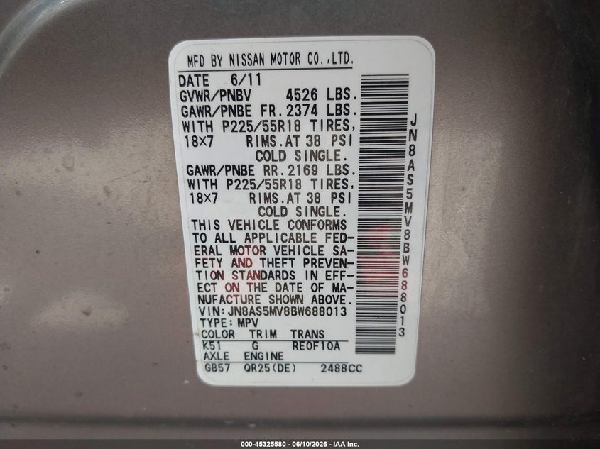 2011 Nissan Rogue VIN JN8AS5MV8BW688013 IAAI salvage auction — FRONT & REAR, Salvage (Iowa), sold $475 on 2026-07-13 (photo 9)