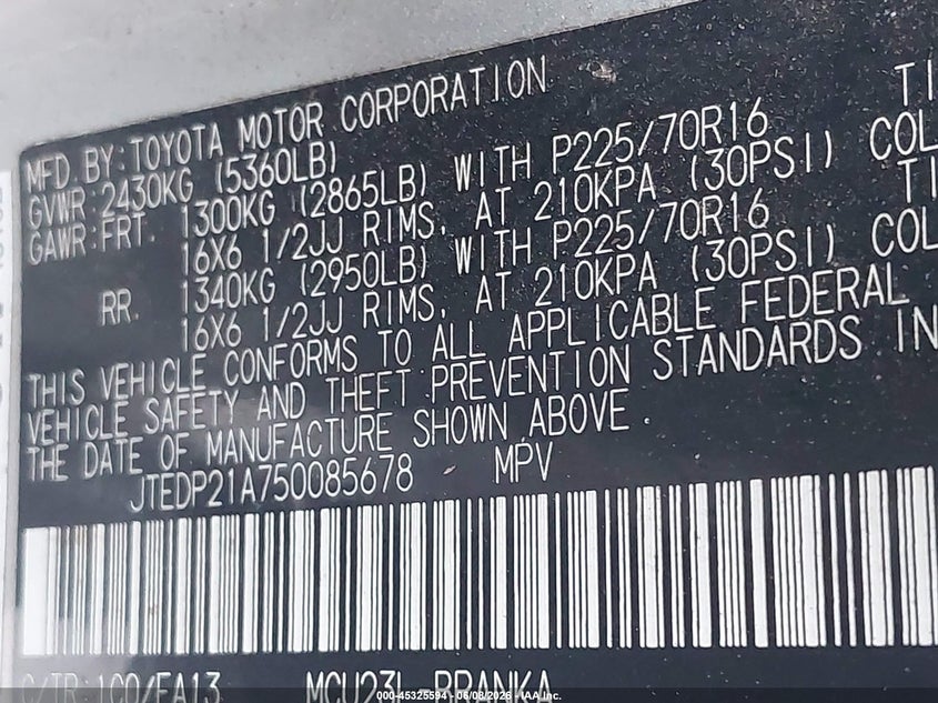 2005 Toyota Highlander VIN JTEDP21A750085678 IAAI salvage auction — NORMAL WEAR, Original (Texas), sold $875 on 2026-07-07 (photo 9)