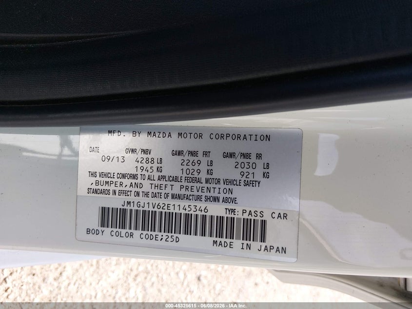 2014 Mazda 6 VIN JM1GJ1V62E1145346 IAAI salvage auction — REAR END, Salvage Title, sold $1,850 on 2026-07-10 (photo 9)
