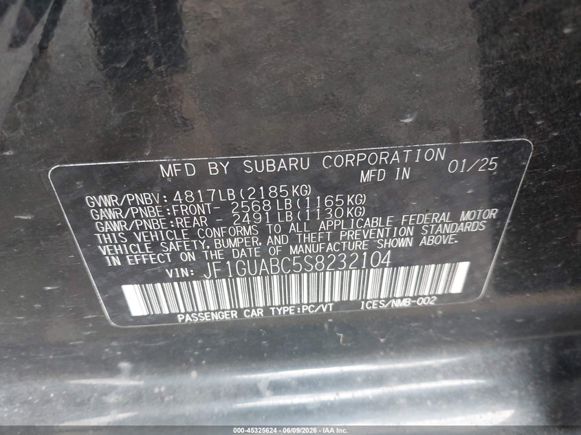 2025 Subaru Impreza VIN JF1GUABC5S8232104 IAAI salvage auction — FRONT & REAR, Salvage (Pennsylvania), sold $4,150 on 2026-07-28 (photo 9)