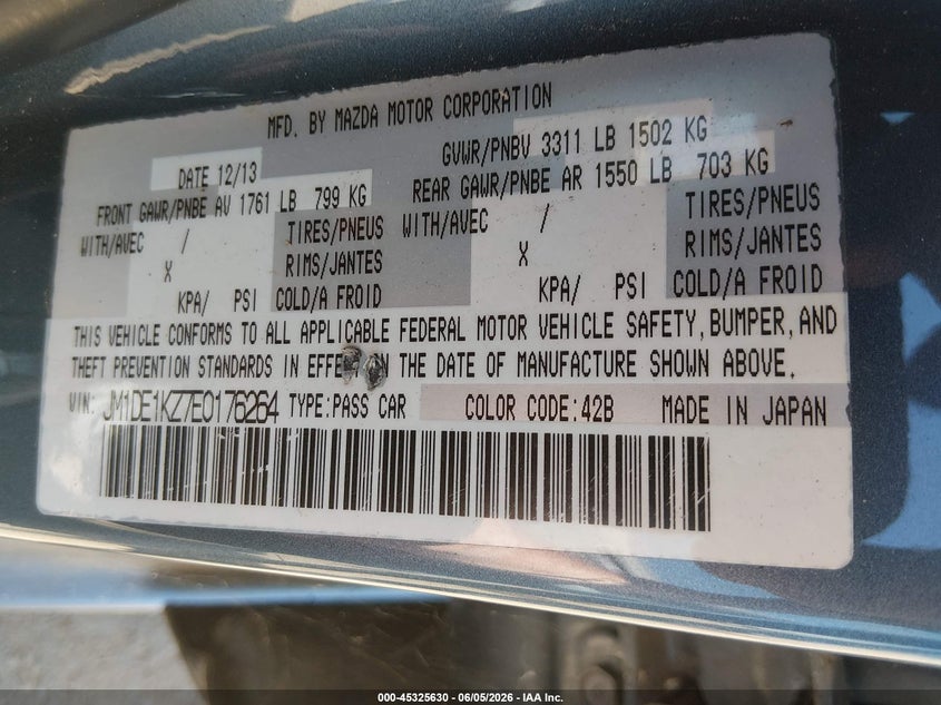 2014 Mazda 2 VIN JM1DE1KZ7E0176264 IAAI salvage auction — NORMAL WEAR, Clear - Dealer Only (California), sold $625 on 2026-07-15 (photo 9)