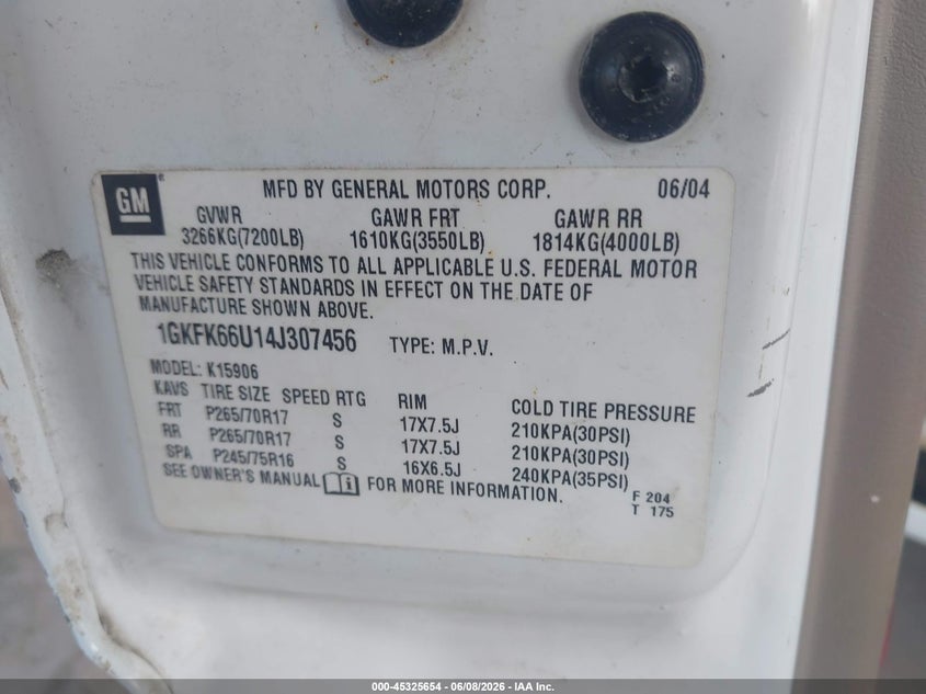 2004 Gmc Yukon xl VIN 1GKFK66U14J307456 IAAI salvage auction — NORMAL WEAR, Original (Texas), sold $400 on 2026-07-12 (photo 9)