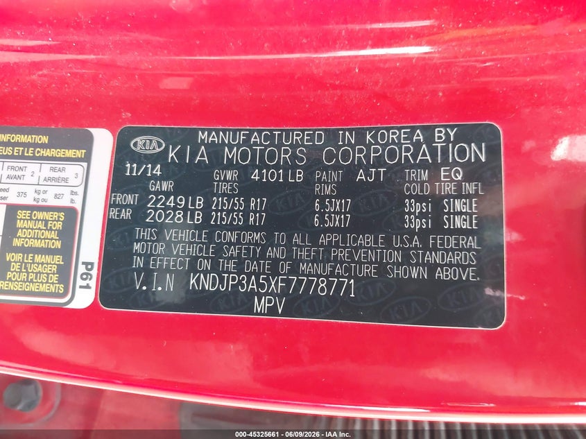 2015 Kia Soul VIN KNDJP3A5XF7778771 IAAI salvage auction — REAR END, Clear (Indiana), sold $2,050 on 2026-07-08 (photo 9)