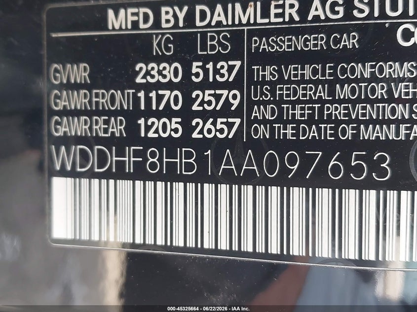 2010 Mercedes-benz E-class VIN WDDHF8HB1AA097653 IAAI salvage auction — LEFT SIDE, Clear (Virginia), sold $825 on 2026-07-13 (photo 9)