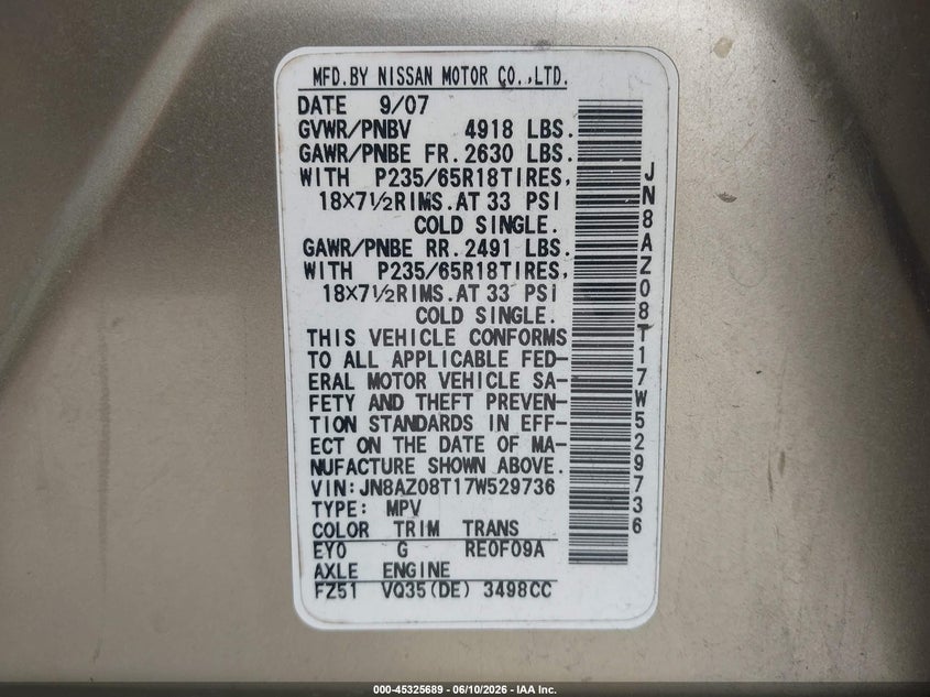 2007 Nissan Murano VIN JN8AZ08T17W529736 IAAI salvage auction — FRONT END, Salvage (Texas), sold $325 on 2026-07-22 (photo 9)