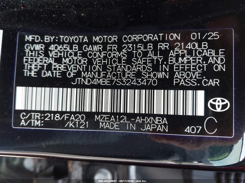 2025 Toyota Corolla VIN JTND4MBE7S3243470 IAAI salvage auction — RIGHT SIDE, Salvage Title, sold $2,800 on 2026-07-22 (photo 9)