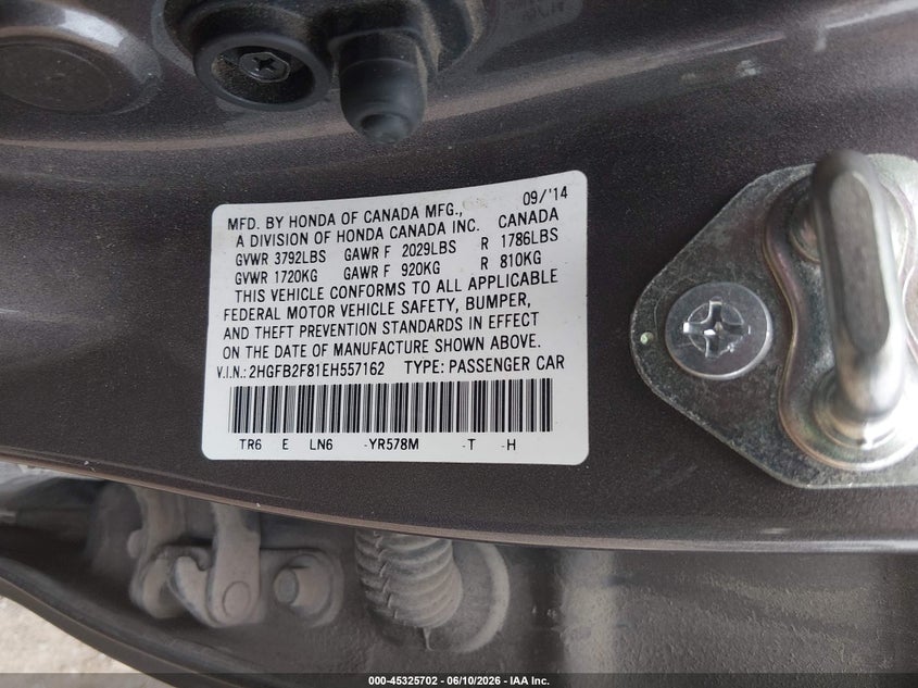 2014 Honda Civic VIN 2HGFB2F81EH557162 IAAI salvage auction — FRONT END, Salvage Title, sold $1,900 on 2026-07-23 (photo 9)