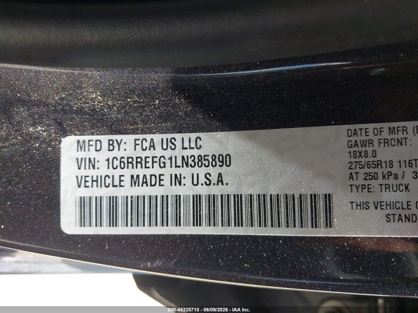 2020 Ram 1500 VIN 1C6RREFG1LN385890 IAAI salvage auction — SIDE, Salvage Title, sold $7,400 on 2026-09-03 (photo 9)