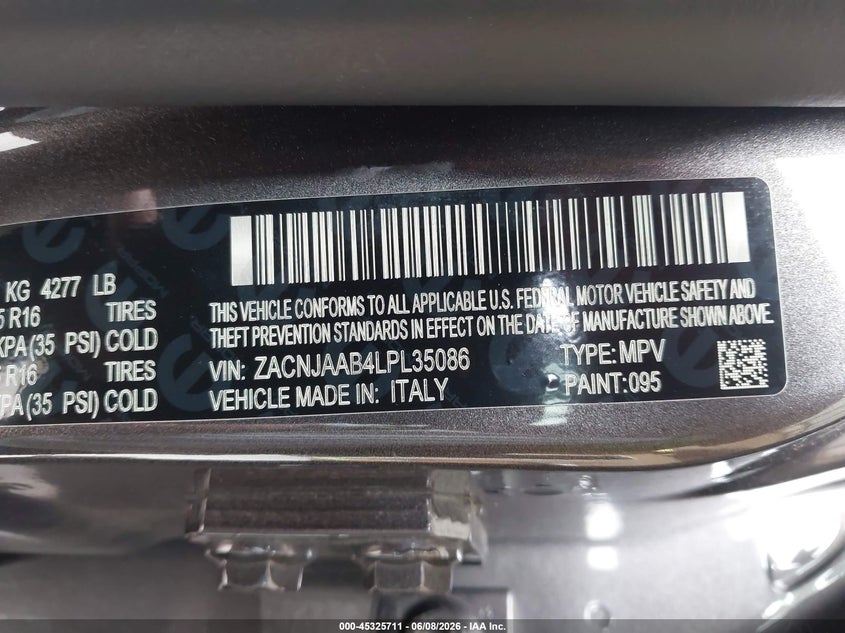 2020 Jeep Renegade VIN ZACNJAAB4LPL35086 IAAI salvage auction — FRONT END, Salvage (Tennessee), sold $1,100 on 2026-08-10 (photo 9)