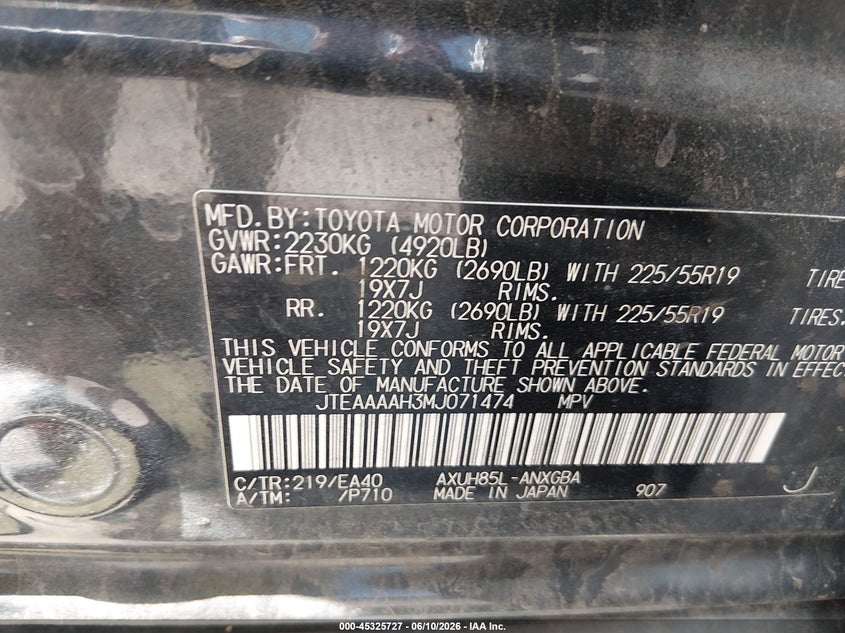 2021 Toyota Venza VIN JTEAAAAH3MJ071474 IAAI salvage auction — LEFT SIDE, Salvage (Colorado), sold $8,900 on 2026-07-29 (photo 9)