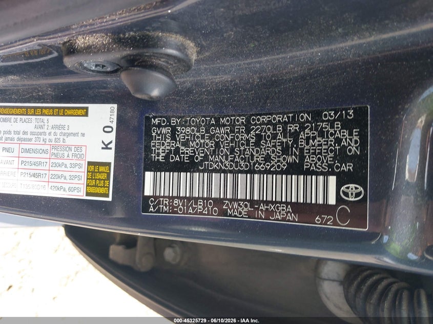 2013 Toyota Prius VIN JTDKN3DU3D1669209 IAAI salvage auction — RIGHT FRONT, Salvage - 75% Or Less (Maryland), sold $1,850 on 2026-07-06 (photo 9)