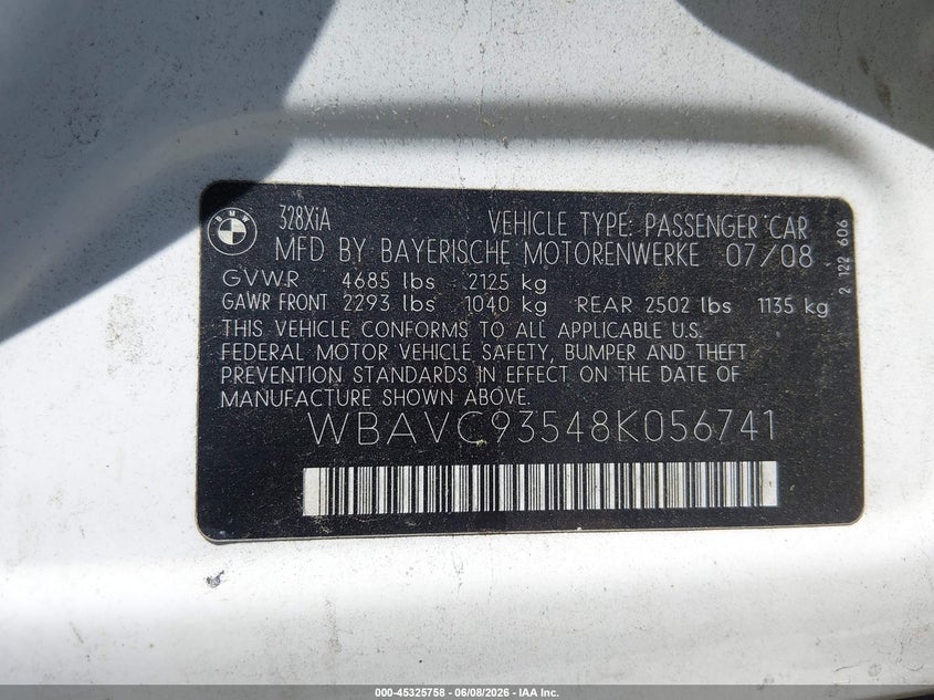 2008 BMW 3 series VIN WBAVC93548K056741 IAAI salvage auction — FRONT END, Salvage (Pennsylvania), sold $425 on 2026-07-16 (photo 9)