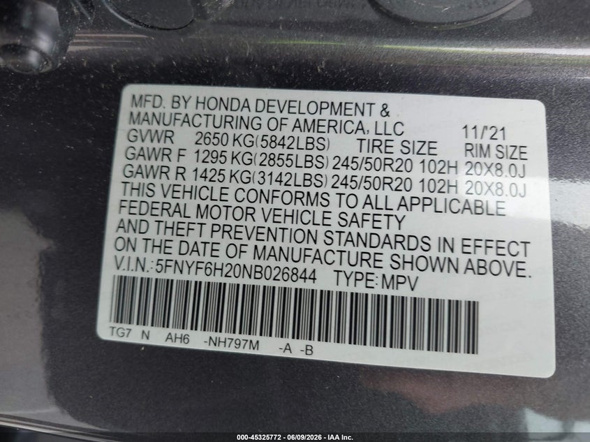 2022 Honda Pilot VIN 5FNYF6H20NB026844 IAAI salvage auction — REAR END, Salvage (Indiana), sold $9,500 on 2026-07-30 (photo 9)